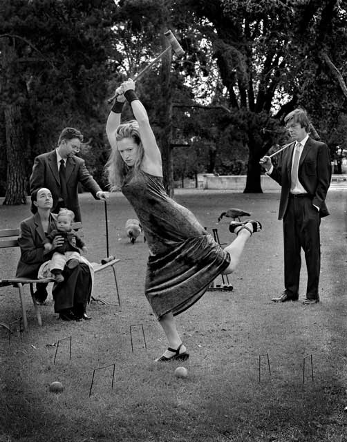 Unhappy croquet match with both angry and dispondent players